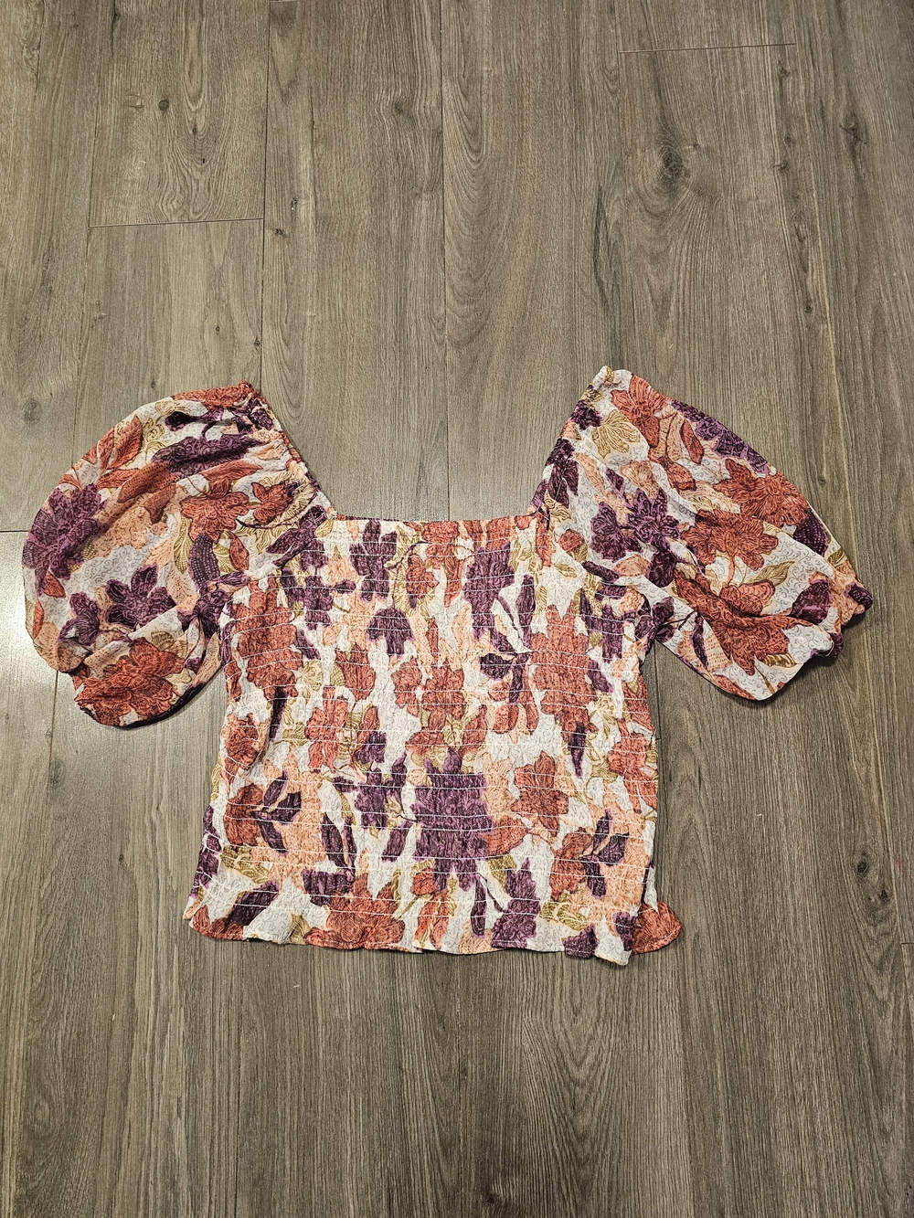 Old Navy Floral Smocked Puff Sleeve Top - Purple, Rust And Orange